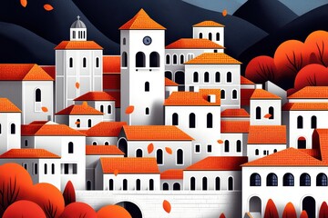 Colorful town with distinctive architecture, featuring red rooftops against a backdrop of mountains and autumn foliage.