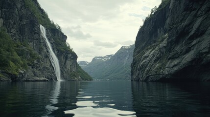 Serene Mountain Landscape with Waterfall and Calm Waters