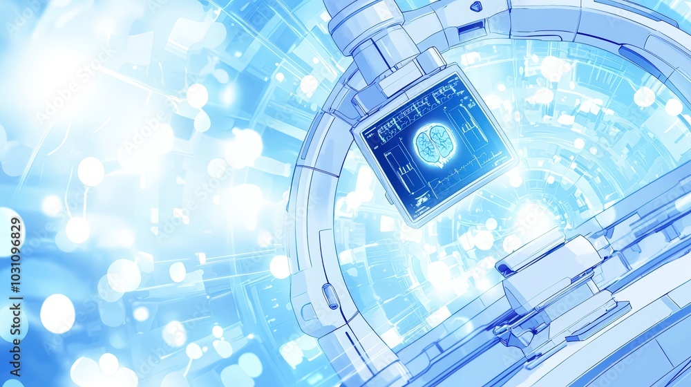 Poster futuristic digital interface inside a circular tunnel, with glowing light patterns and advanced tech