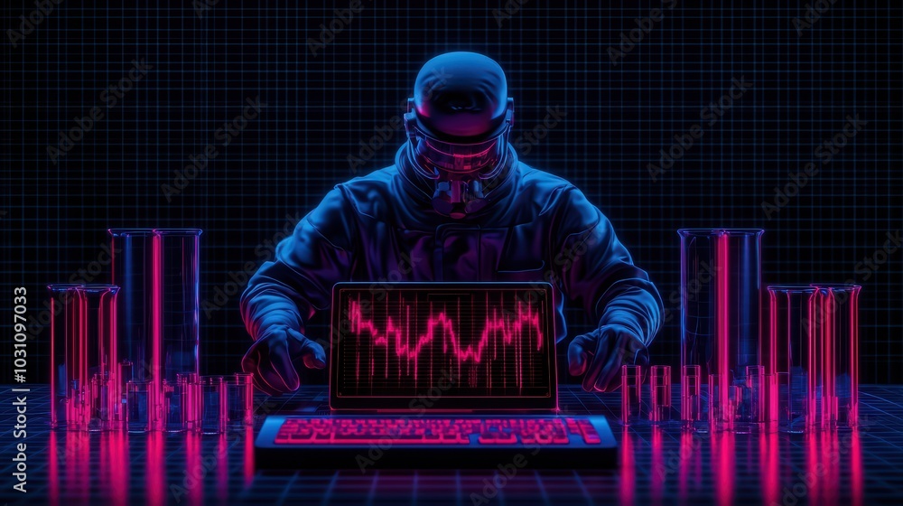 Poster futuristic scientist analyzing data with laboratory equipment on a digital display.