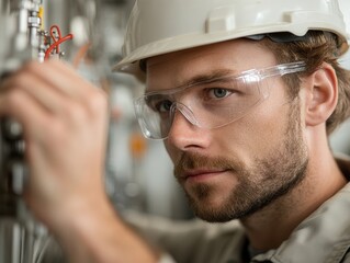 Close-up of a technician in a hard hat adjusting a valve in a factory
