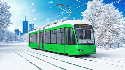 Green tram traveling through a snowy landscape under a clear blue sky.