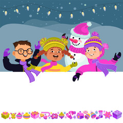 Fototapeta premium Happy kids in bright winter clothes and a snowman. Greeting card template. Cheerful cartoon children, Christmas decor, and a place for your text. Vector illustration.