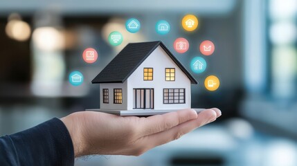 Hand holding a miniature house with digital icons representing home services and technology.