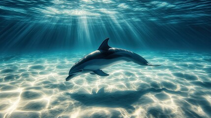 Obraz premium A dolphin swims through clear blue water with sunlight rays illuminating the scene.