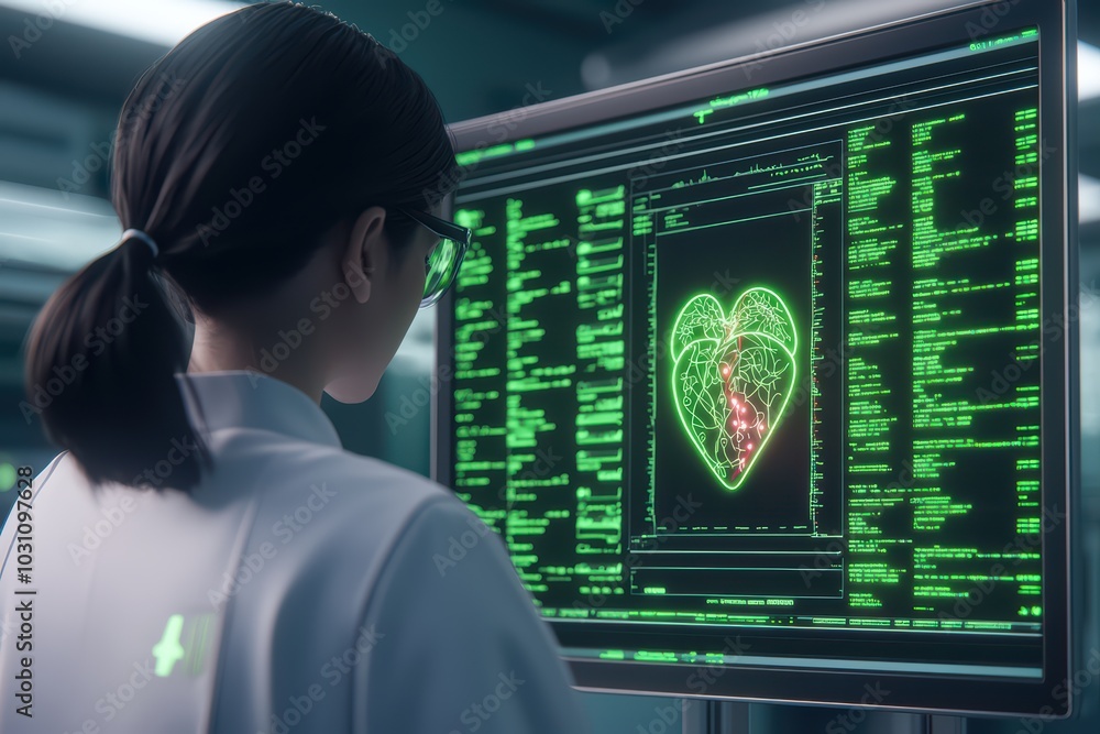 Poster medical professional analyzing heart data on a futuristic screen in a high-tech lab environment.