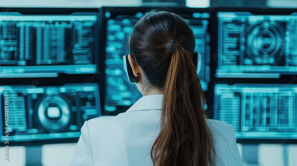 Poster professional woman analyzing data on multiple screens in a modern workspace.
