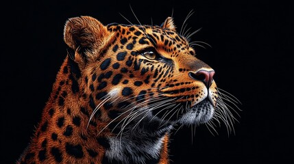 Obraz premium A detailed portrait of a leopard, showcasing its striking features against a dark background.