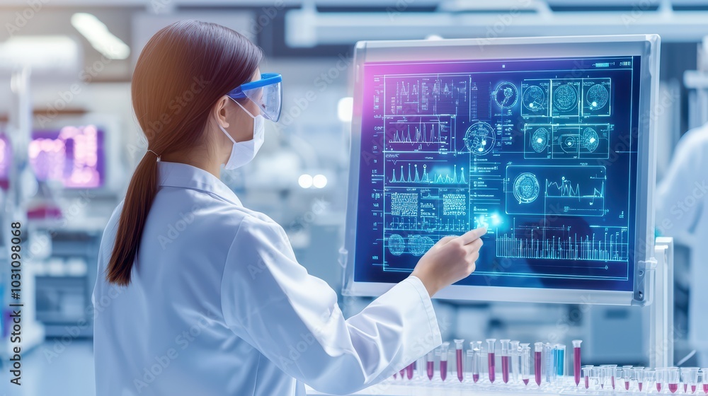 Poster scientist analyzing data on a transparent screen in a modern laboratory, focused on innovative resea
