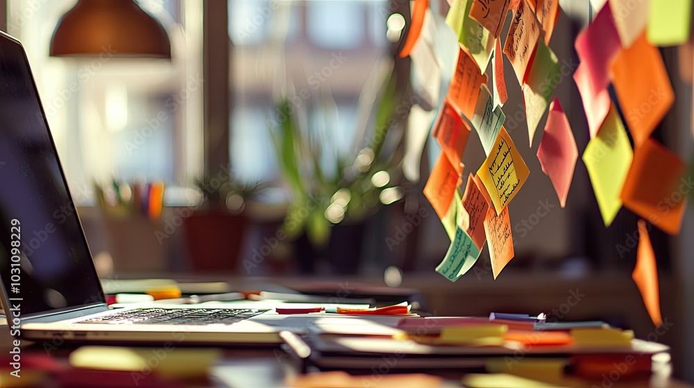 Poster a laptop sits on a desk with several colorful sticky notes hanging from a cord, and scattered on the