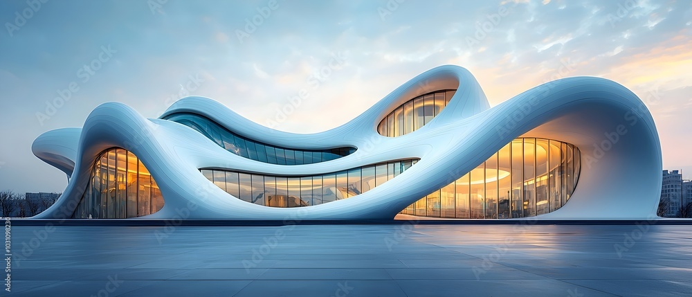 Poster a modern, white building with flowing curves and large windows. the building's unique design is capt