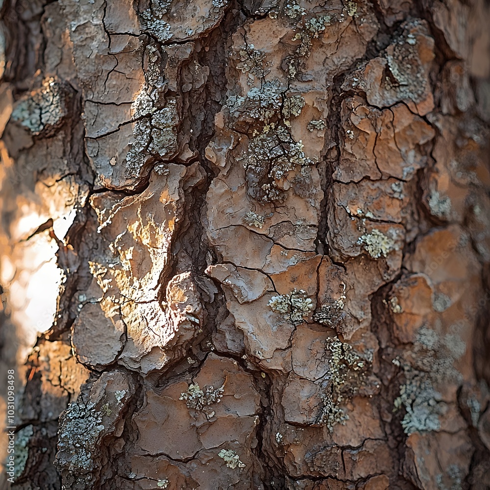 Poster close-up of textured tree bark with sunlight shining through cracks, creating a warm and inviting am