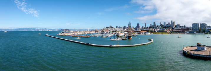 Aerial View of San Francisco Skyline with Coit Tower and Bay Bridge