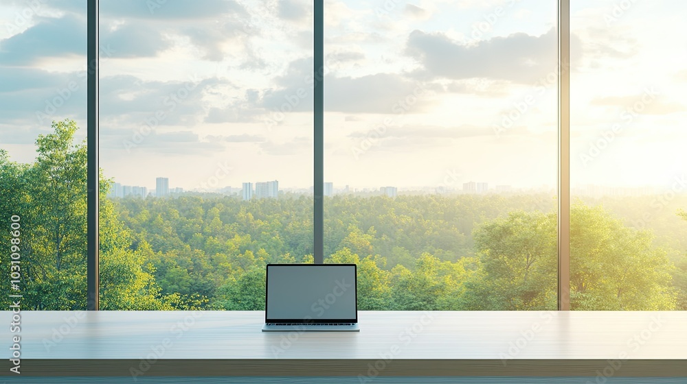 Poster laptop on a desk with a view of a city skyline and a forest from a large window.