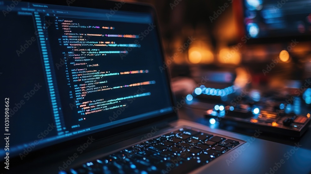 Poster coding on laptop with colorful screen display