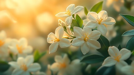 Fototapeta premium A close-up of delicate white flowers bathed in soft sunlight, evoking tranquility and beauty.