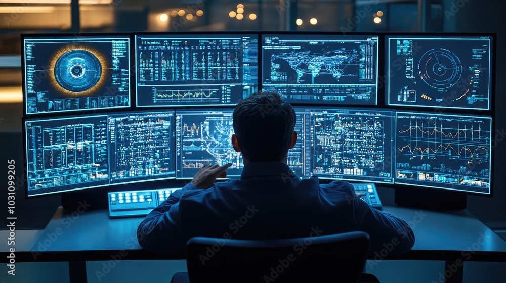 Poster data analyst working at multiple computer screens