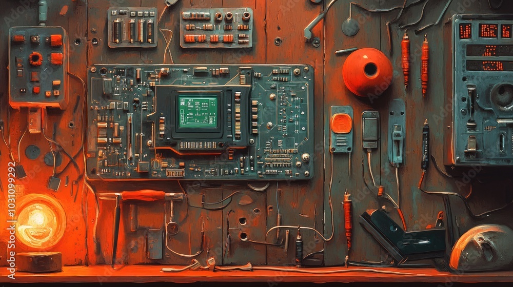 Poster high-tech circuit board and tools in workshop setting