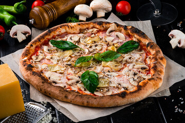 Fresh pizza with chicken ham, cheese parmesan, champignon mushrooms, tomato sauce, fried onion and spinach on thick dough with spices.