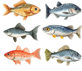 collection of fish isolated on white, vector set