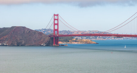 Golden Gate Bridge with Sailboat and Marin County Hills in View