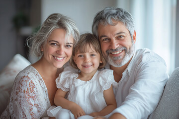 Obraz premium A smiling family with child, exudes warmth and love in their cozy home setting.