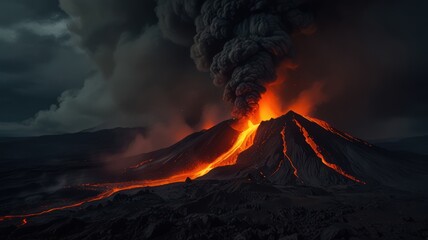 A volcano erupts with a fiery red glow and black smoke filling the sky.