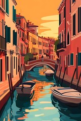 Fototapeta premium A picturesque canal in a European city, with colorful buildings lining the waterway and small boats gliding through the tranquil water.