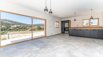 Modern Interior View with Scenic Landscape outside