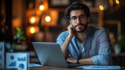 Obraz premium A young businessman, dressed in business casual, focused on his laptop in a modern office, deep in thought as he analyzes online investment data