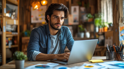 Fototapeta premium A young businessman, dressed in business casual, focused on his laptop in a modern office, deep in thought as he analyzes online investment data
