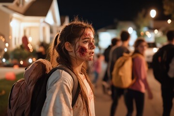 Obraz premium A teenage girl, wearing intricate zombie makeup, stands on a festive, lively suburban street, absorbed in the exhilarating atmosphere of the Halloween celebration.