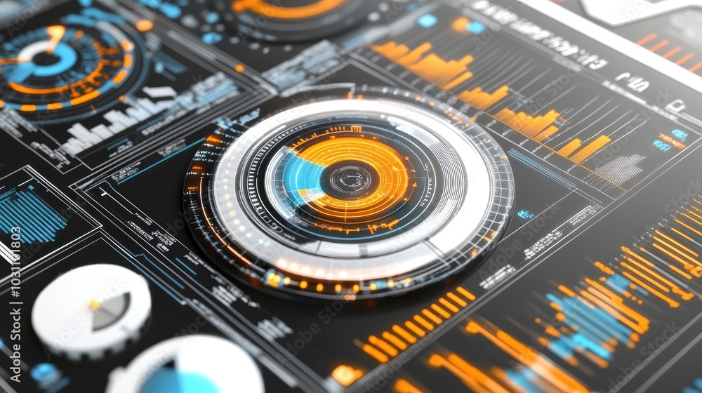 Poster futuristic user interface with data visualizations