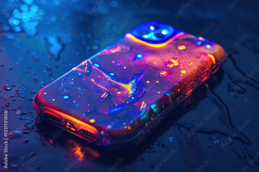 Poster A futuristic smartphone with vibrant LED lights showcasing a circuit board design on a desk cluttered with tech gadgets at night