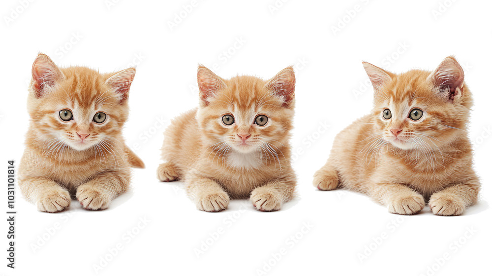 Poster three playful brown kittens lying on a white background generative ai