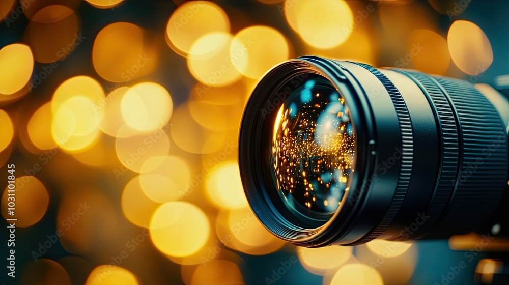 Poster a close-up of a camera lens with a bokeh background.