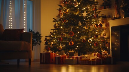 Festive Christmas tree decorated with glowing lights and ornaments in a cozy living room, with gifts underneath, copy space —ar 16:9"
