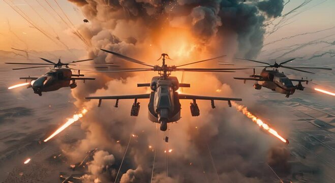 Three Apache Helicopters Attacking with Smoke and Fire