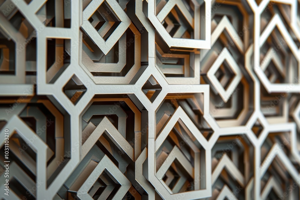 Aufkleber Intricate geometric wall design showcasing a fusion of modern architecture with textured three-dimensional patterns in a contemporary interior setting