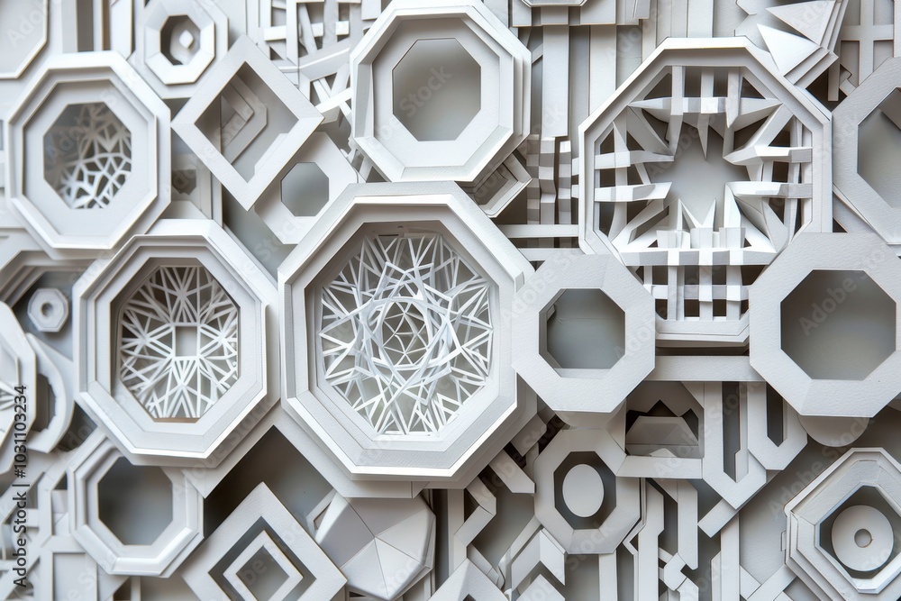 Aufkleber Intricate geometric wall design showcasing a fusion of modern architecture with textured three-dimensional patterns in a contemporary interior setting