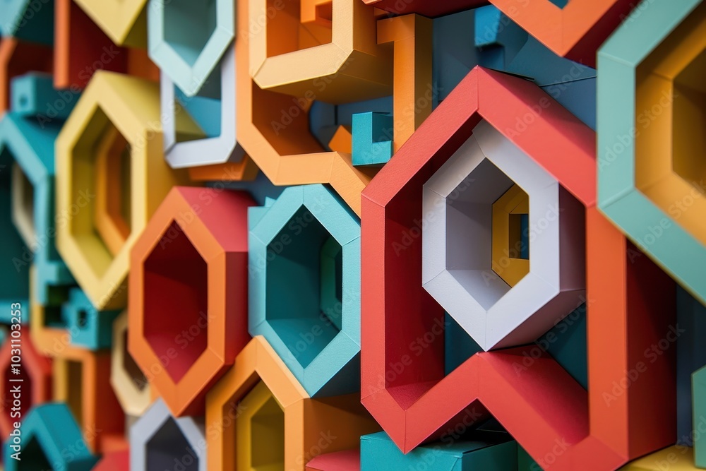 Aufkleber Intricate geometric wall design showcasing a fusion of modern architecture with textured three-dimensional patterns in a contemporary interior setting
