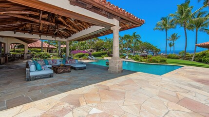 Fototapeta premium Luxurious Tropical Villa with Pool and Scenic Garden View