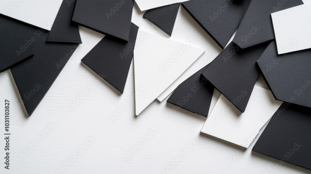 Poster black and white geometric shapes create a striking abstract pattern on a textured surface, ai