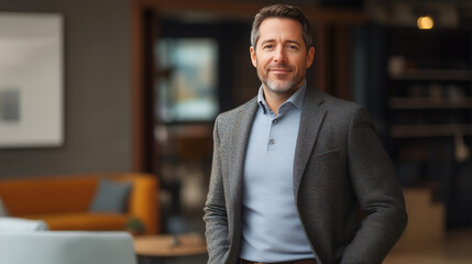 Fototapeta premium A successful businessman in his mid-40s, standing by his desk in a modern office