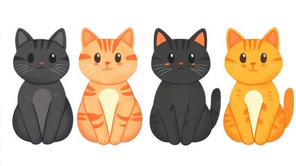 Obraz premium Whimsical Tabby Cat Clipart Set - Set of 4 Simple Colorful Cat Illustrations on White Background for Cute Designs and Projects