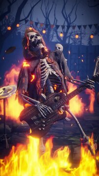 Halloween party: creepy skeleton band playing rock. Scary skeleton in burning robe playing guitar.
Animated video for greeting cards, invitations, posters, events, parties.