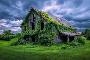 Fototapeta premium Abandoned Barn Overtaken by Wild Vines and Plants
