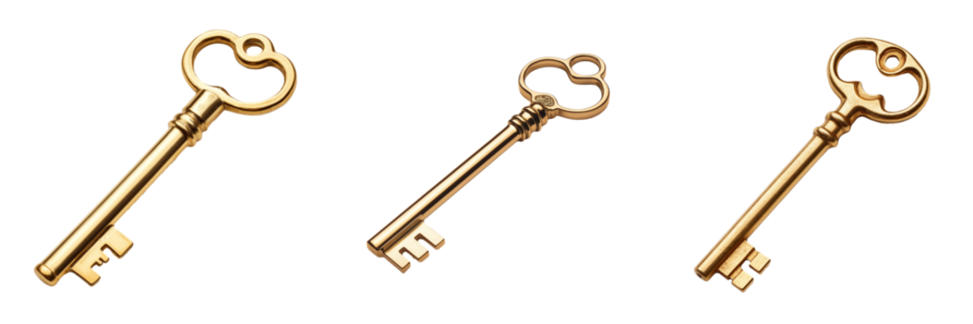 A shiny golden key isolated on a transparent background