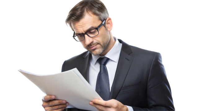 Businessman in suit reading documents, focused expression, isolated on transparent or white background. - Powered by Adobe