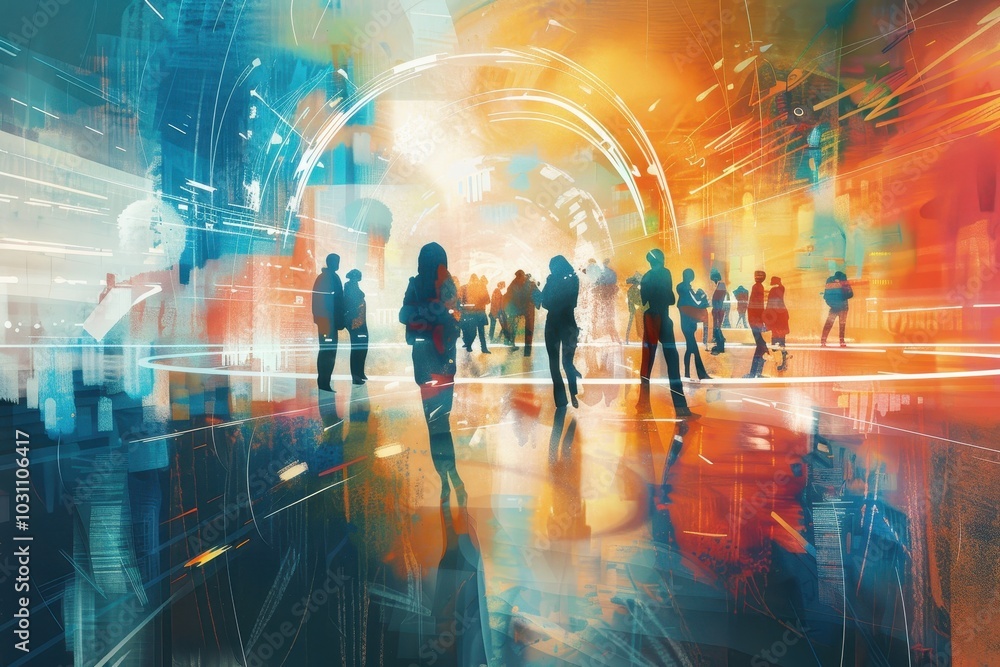 Poster a vibrant digital artwork depicting silhouettes of people against a colorful background filled with 
